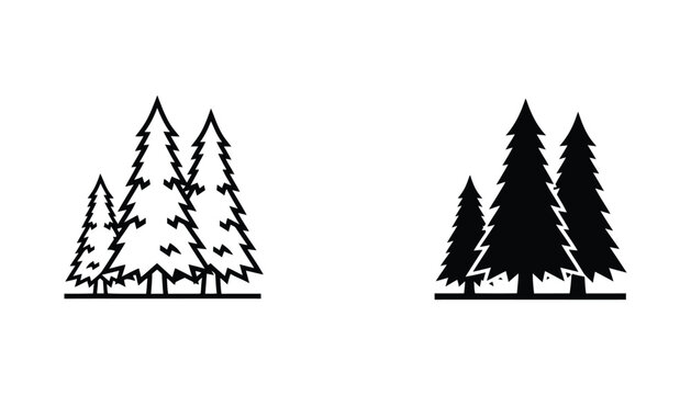Group of pine trees icon set in outline and solid black silhouette style for nature and forest conservation concept designs