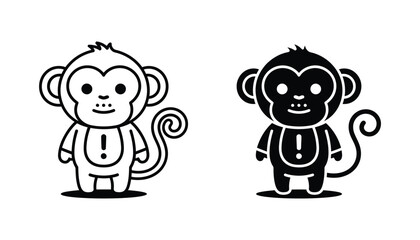 Naklejka premium Cute cartoon monkey character in outline and solid black silhouette vector illustration for children clothing design and playful branding