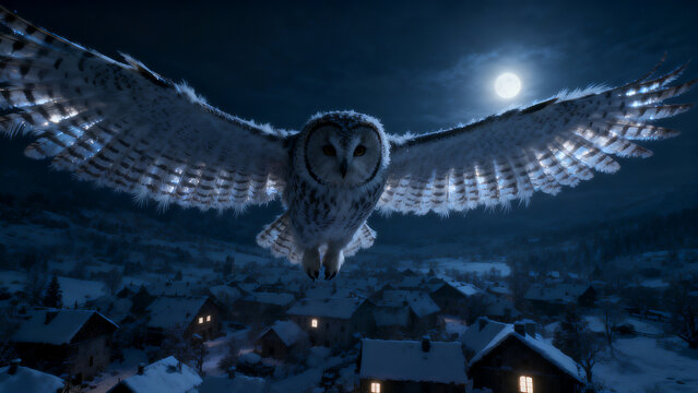 A white owl with majestic wings outspread, silently glides above a serene, snow-covered village under the luminous full moon, capturing the magical essence of a mysterious winter night
