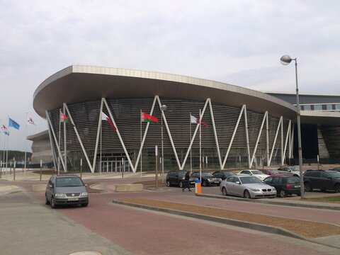 Futuristic architecture of the Falcon Club (Sokol) complex and Marriott Hotel with its unique wing-shaped roof on Pobediteley Avenue, Minsk, Belarus, 2015. 