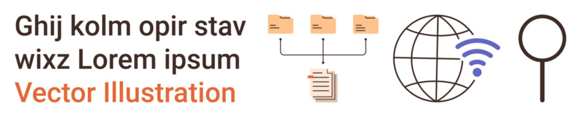 Data management, information sharing, digital communication, cybersecurity, online search, global connection. Networked file folders and globe icon with wireless signal. Data management and digital © robu_s