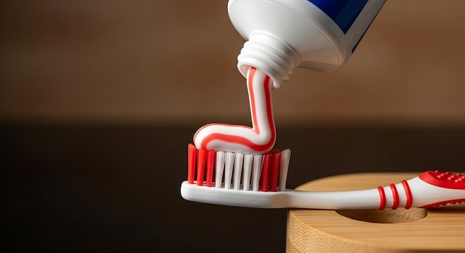 Red and white toothbrush with toothpaste on bristles
