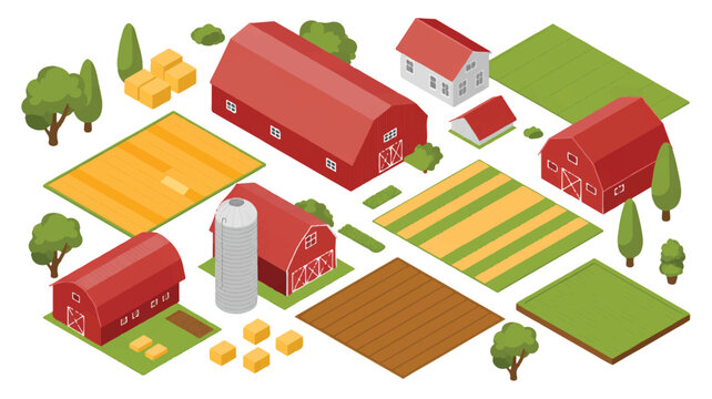 Isometric farm landscape with barns silos fields and trees on white background