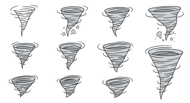Collection of various tornado sketches and wind funnel illustrations captures the power of atmospheric natural disasters.