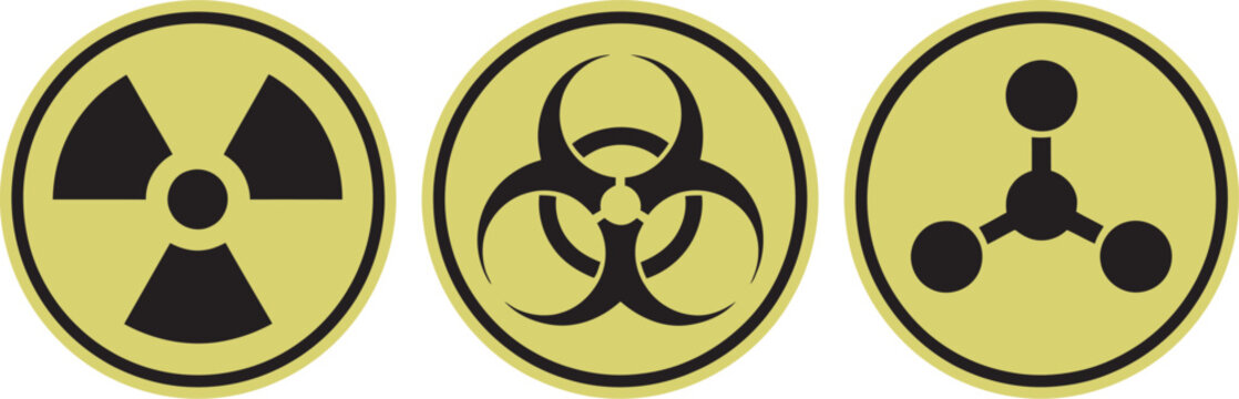 Radiation, hazardous material sticker collection including biological contamination and chemical danger symbols in bold vector style suitable for warning labels, laboratory signage, and safety manuals