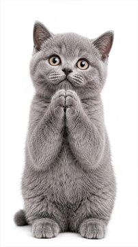 British Shorthair kitten begging with praying hands on white background vertical