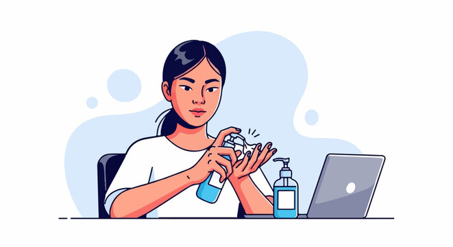 Young woman sanitizes hands with dispenser beside laptop