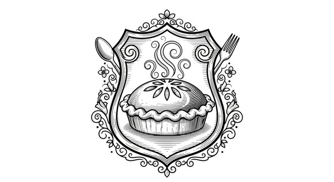 Vintage style emblem featuring a freshly baked pie with spoon and fork. EPS Editable. Vector Illustrations.