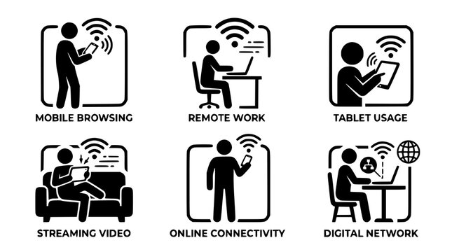 People using wireless devices with WiFi signal vector silhouette icon set digital connectivity illustration