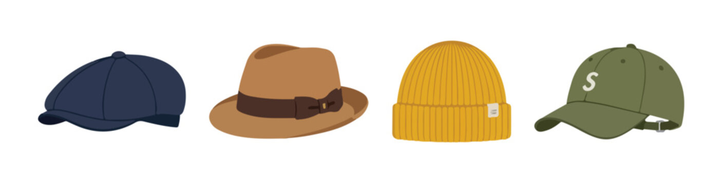 Minimal accessory vector pack containing four fashionable hats and caps with contemporary styling, white background, no outlines.