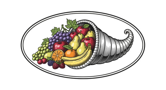 Vintage style illustration of a bountiful cornucopia horn of plenty filled with fresh assorted fruits. EPS Editable. Vector Illustrations.