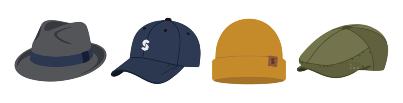 Minimal accessory vector pack containing four fashionable hats and caps with contemporary styling, white background, no outlines.