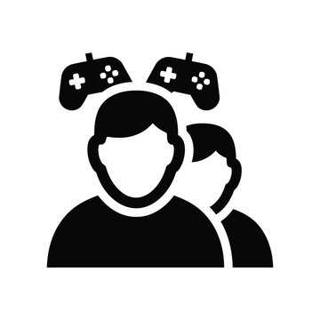 Black and white showing two people with game controllers above their heads, a symbol for multiplayer gaming, esports, social play, and digital entertainment, isolated on a white background