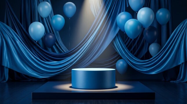 Blue cylindrical podium with balloons and drapes for product showcase