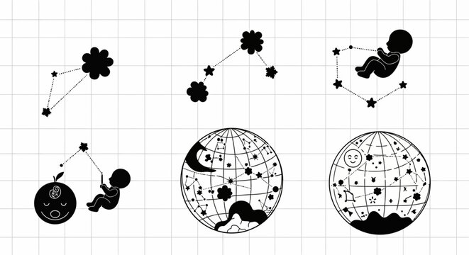 Celestial Constellation and Globe Line Art Illustration Set
