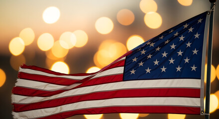 Obraz premium American flag waving in the breeze with blurred bokeh lights background high quality professional detailed modern