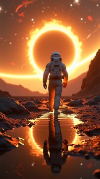 Astronaut walking toward massive glowing wormhole on alien planet, orange spiral portal, stars, wet rocky terrain, reflection, epic sci-fi scene, space exploration, cinematic atmosphere.