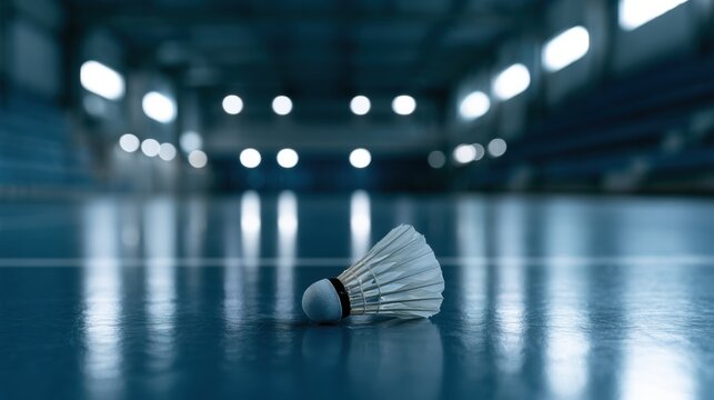 Badminton shuttlecock sitting on court floor of indoor stadium