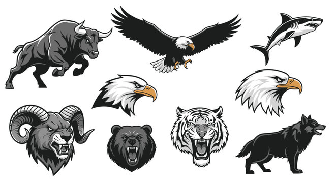 Powerful animal mascot heads including a bull, eagle, shark, bear, tiger, and wolf are designed for sports logos.