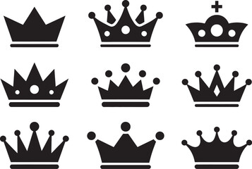 Royal, crown icon set featuring king, queen, and tiara symbols in elegant vector style ideal for luxury branding, monarchy themes, fashion logos, and premium graphic design projects. © SAHINUR