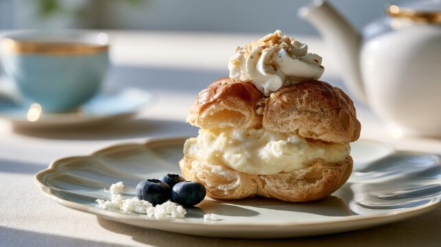 Cream puff pastry filled with vanilla custard and topped with whipped cream and fresh blueberries served on a decorative ceramic plate in a bright morning kitchen setting for breakfast