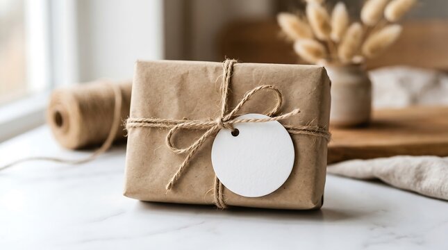 Brown kraft paper wrapped gift box with twine and blank white tag on marble surface