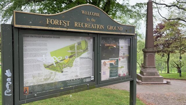Entrance view of Forest Recreation Ground in Nottingham, a large public park near Forest Fields, Mapperley Park, Arboretum, and Hyson Green in the East Midlands, England.