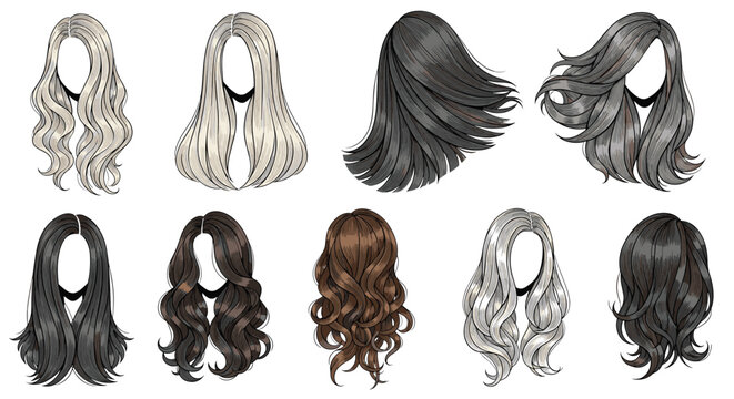 Diverse collection of women hairstyles shows back views of long, wavy, and curly hair in multiple shades.