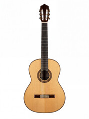 Obraz premium Classical acoustic guitar with nylon strings isolated on white background, musical instrument front view 