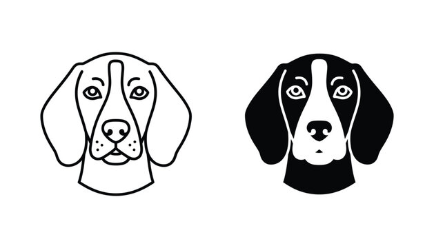 Cute beagle dog head mascot icon set with detailed line art and solid black silhouette styles for pet shop branding or veterinary clinic design