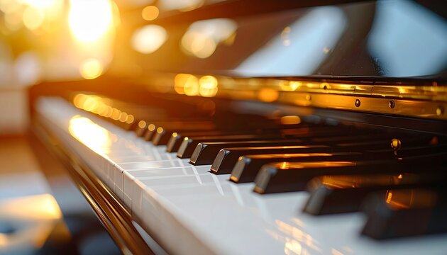 Close Up of Piano Keys with Golden Warm Light and Bokeh Background