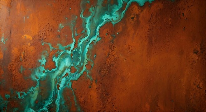 Dramatic Corten steel texture with vibrant turquoise copper oxidation patina