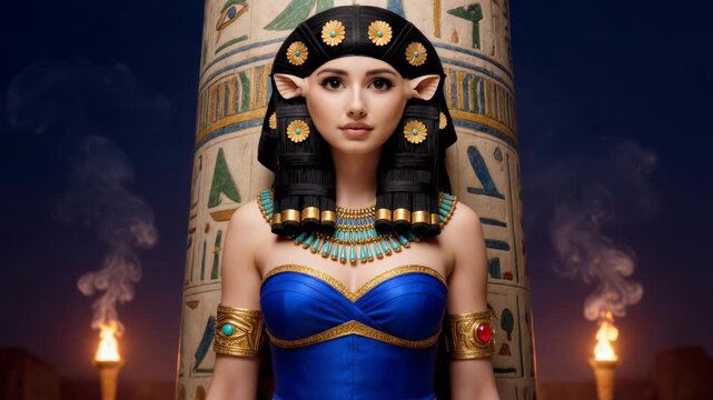 Smiling goddess Hathor with black headdress with gold turquoise flowers and Eye of Ra bracelet in torchlit Egyptian ancient temple. Fantasy portrait for mythology projects.