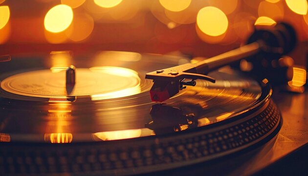 Vintage Vinyl Record Playing on Turntable with Warm Bokeh Lights