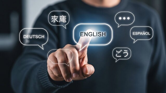 Businessman pointing at language translation options on digital touchscreen interface with speech bubbles displaying different languages including English Deutsch Espanol and Japanese