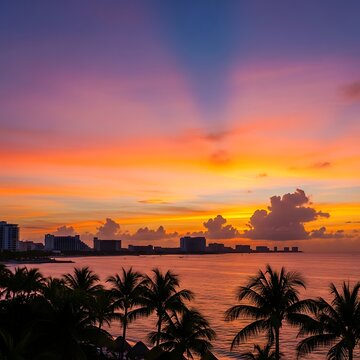 Stunning sunset over the ocean with palm trees and buildings.