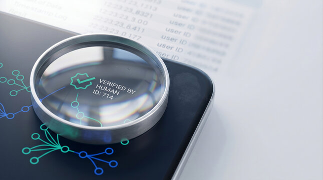 Glass Verification Loupe Magnifying Human‑Verified AI Node Cluster &ndash; Validation UI Macro &ndash; Algorithm Audit Ethics &ndash; High‑Key Clinical Light