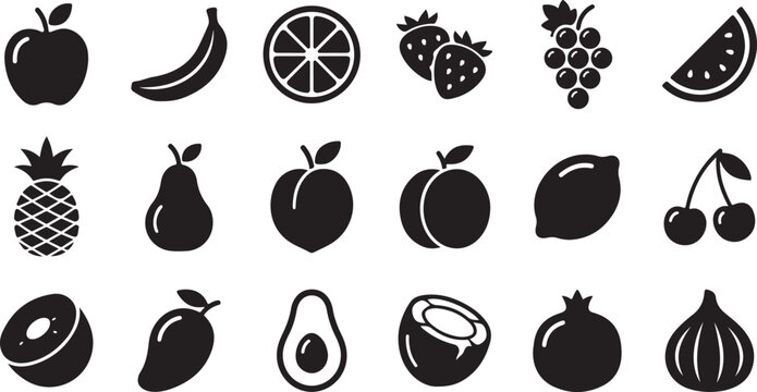 Black silhouette of various fruits vegetables and flowers arranged in a grid pattern black silhouettes