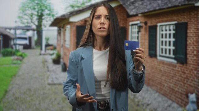 Woman holding a blue creditcard up with one hand in front of a brick building, tense face and open palm gesture showing complaint; frustration dispute.