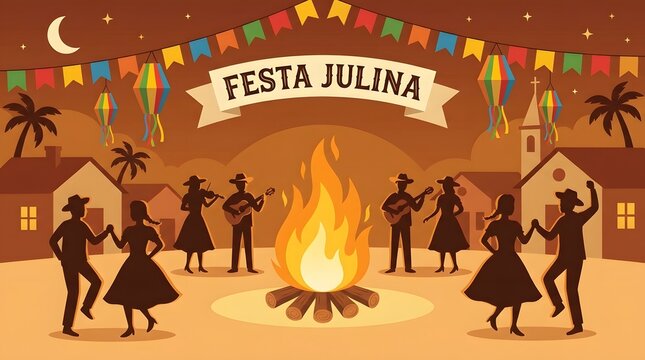Festa julina celebration with people dancing and playing music around a bonfire in a traditional village at night