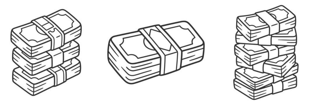 stacks of bundled paper money line art illustrations on transparent background
