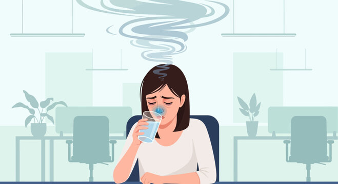 Woman Suffering From Allergy Symptom Drinking Water In a Modern Workplace Setting