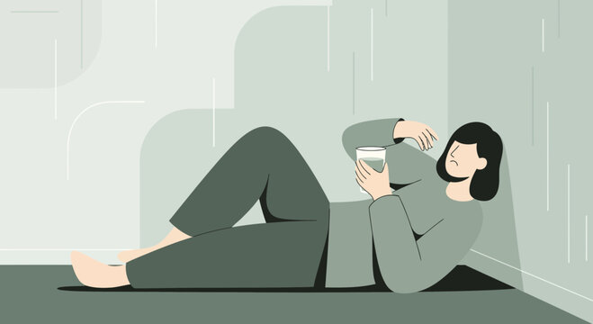 Woman Suffering From Anxiety Lying Down While Holding a Glass And Overthinking
