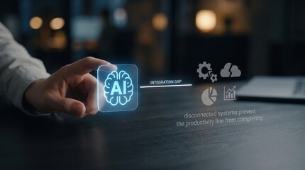 Fototapeta premium AI productivity gap - A human hand connects an AI assistant to business systems via a single labeled connector, symbolizing bridging integration gaps.