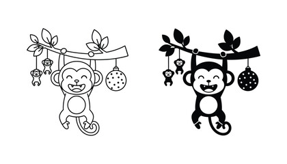 Christmas monkey hanging on tree branch with ornaments vector illustration set in two styles © Elevate