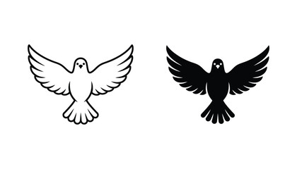 Obraz premium Flying dove icon set featuring outline and solid black silhouette styles for peace and religious graphic design symbols