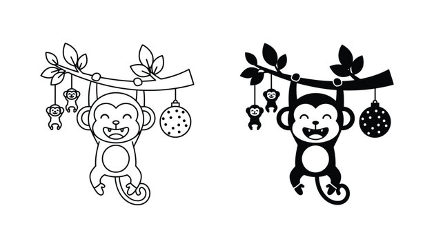Christmas monkey hanging on tree branch with ornaments vector illustration set in two styles