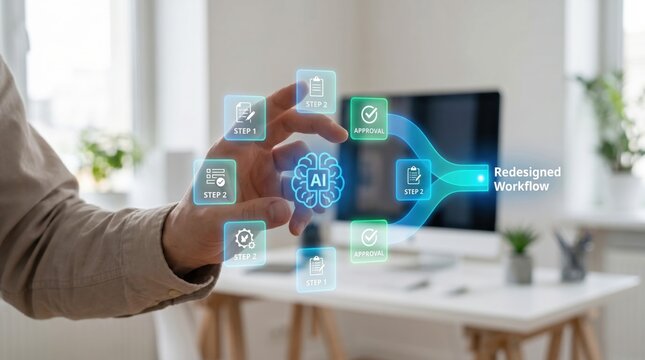 AI productivity gap - A realistic photo showing a human hand arranging workflow blocks around an AI agent to create a streamlined path labeled "Redesigned Workflow".