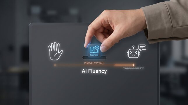 AI productivity gap - A hand places a learning icon between an employee and AI assistant, symbolizing increased productivity through AI fluency and training.