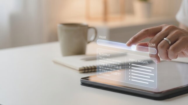 AI productivity gap - A human hand adjusts a slider from vague to clear, enhancing AI prompt clarity and improving artificial intelligence output usefulness.